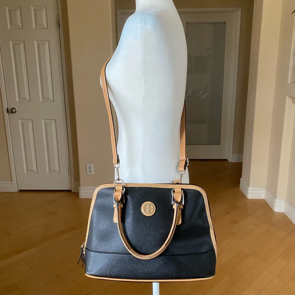 Giani Bernini Black and Tan Satchel with Dome Shape and Gold Hardware
